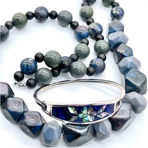 Vintage Floral Shell Inlay Silver Bracelet & Blue+Gray Beaded Graduated Necklace